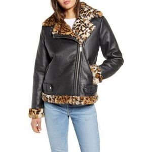 SAM EDELMAN NWT Oversize Faux Shearling Moto Jacket In Black/ Leopard XSMALL